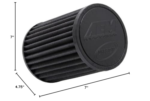 AEM 21-2047BF Clamp-On Universal DryFlow Air Filter: Round Tapered; 3.5 in (89 mm) Flange ID; 7 in (178 mm) Height; 5.25 in (133 mm) Base; 4.75 in (121 mm) Top