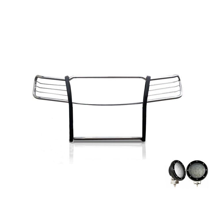 Grille Brush Black Horse Bumper Guard Modular S/S Come with Pair of 5.3" LED Lights with Black Trim Rings Compatible with 2007-2013 Avalanche|2007-2014 Suburban 1500/Tahoe-17A037400MSS-PLFB
