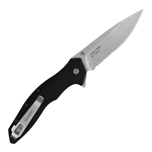 Kershaw Folding Shoreline Pocket Knife, All Purpose 3 inch Serrated Blade, Deep Carry Pocketclip, Black GFN Handle, Stonewashed Blade