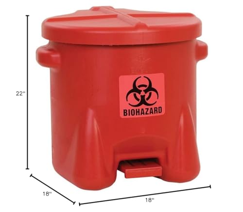 10 Gallon Eagle Biohazard Trash Can with Foot-Operated Self-Closing Lid, 22" x 18" x 18", Made in The USA from High-Density Polyethylene, Red, 945BIO