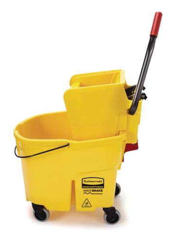 Rubbermaid Commercial Products 35 Qt. WaveBrake Side-Press Mop Bucket and Wringer Combo on Wheels Yellow for Professional/Industrial/Business Heavy-Duty Floor Cleaning/Mopping