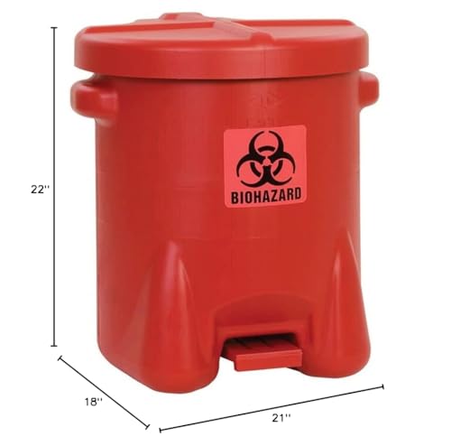 14 Gallon Eagle Biohazard Trash Can with Foot-Operated Self-Closing Lid, 22" x 18" x 21", Made in The USA from High-Density Polyethylene, Red, 947BIO