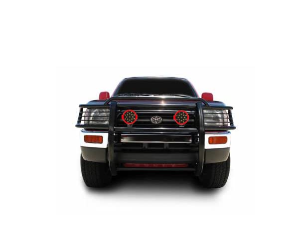 Grille Brush Black Horse Bumper Guard Modular Black Come with Pair of 7.0" Dia.LED Lights with Red Trim Rings Compatible with 1996-1998 Toyota 4Runner|1998-2000 Toyota Tacoma-17T80202MA-PLR