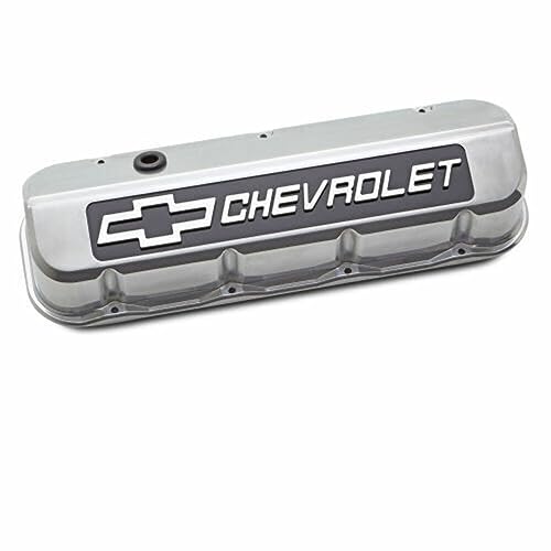Proform Slant-Edge Valve Cover, Tall, Baffled, Breather Hole, Blackfield Chevrolet Logo, Aluminum, Polished