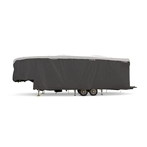 Camco 28 to 30-Ft Fifth Wheel RV Cover ULTRAGuard - Features Zipper Entry Doors & Covered Air Vents - Crafted of Spunbond Polypropylene - Storage Bag for RV Storage & Organization (45753)
