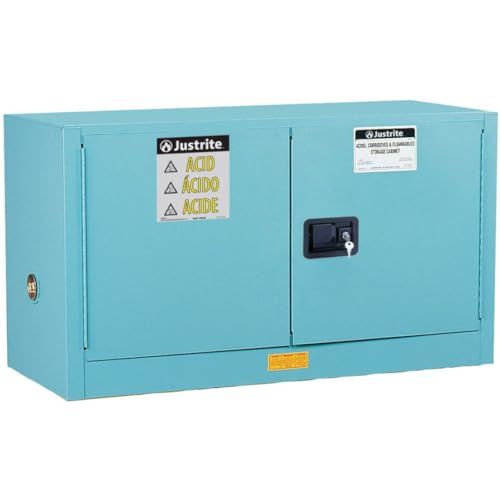 Justrite Storage Cabinet Acid Corrosive - 17 Gallon 2 Door Manual Close Chemical Cabinet with ChemCor® Coating - 18" x 24" x 43" - Made in the USA - Light Blue - 8917022