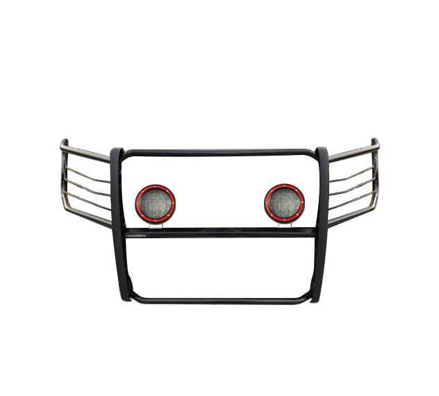 Bumper Guard Black Horse Grille brush Modular Come With Pair of 5.3" Dia.LED Lights with Red Trim Rings Compatible with 2015-2024 Ford F-150-17FP32MA-PLFR