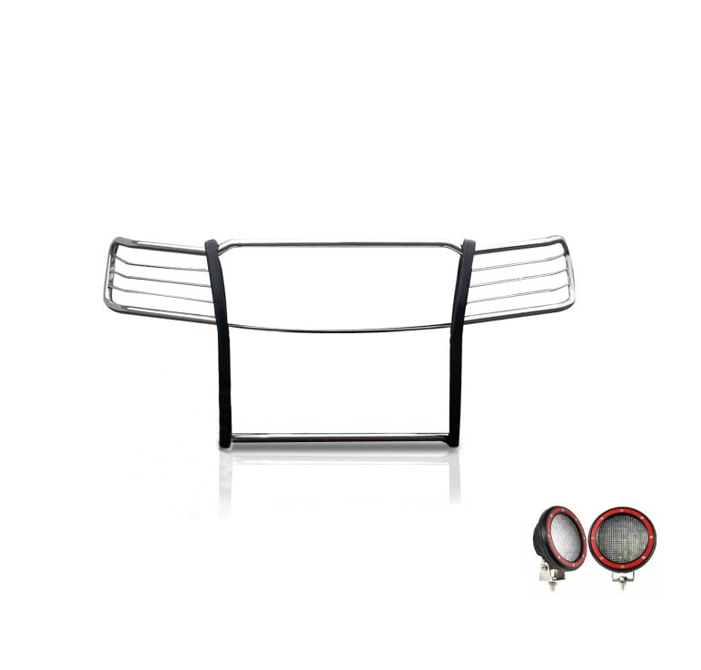 Black Horse Grille Brush Bumper Guard Stainless Steel Modular Come with Pair of 5.3" LED Lights with Red Trim Rings Compatible with 2007-2013 Avalanche|2007-2014 Suburban 1500/Tahoe-17A037400MSS-PLFR