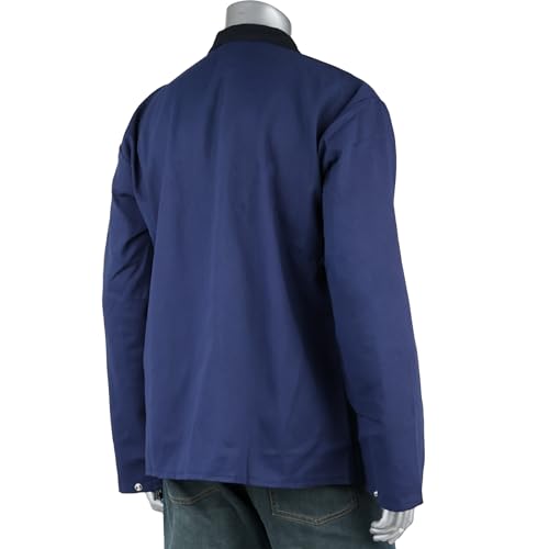 FR Treated Ironcat Cotton Sateen Jacket, 9 oz., Anodized Snaps, Interior Pocket, Pop-up Welders Collar, Scribe Pocket, Navy, Large (7050N/L)