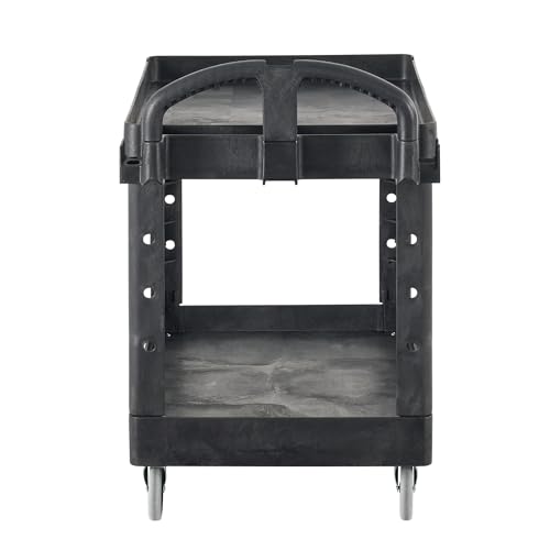 Rubbermaid 2-Shelf Commercial Products Utility/Service Cart, Medium, Black, Lipped Shelves, Ergonomic Handle, 500 Lbs Capacity, for Warehouse/Garage/Cleaning/Manufacturing