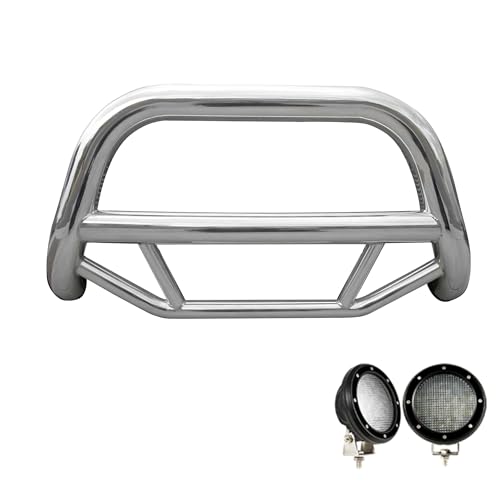 Max Bull Bar Kit Black Horse No Skid Plate Stainless Steel Compatible with 2022-2025 Nissan Pathfinder|2022-2024 Infiniti QX60, Comes with a Set of 5.3" Black Round Flood LED Lights