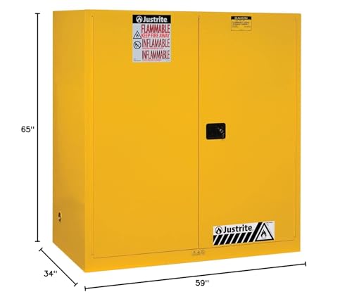 Justrite Steel 2 Door Vertical Drum Self-Close Flammables Storage Cabinet with Drum Support, 110 Gallon Capacity, 59" Width x 65" Height x 34" Depth, 1 Shelf, Made in The USA, Yellow, 899120