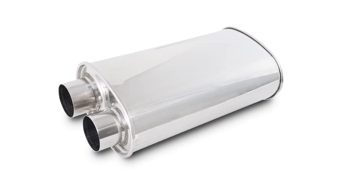 Muffler, Vibrant, 2-1/2 in Same Side Inlet, 2-1/2 in Same Side Outlet, 15 x 5 x 9 in Oval Body, 19 in Long, Stainless, Polished, Universal, Each