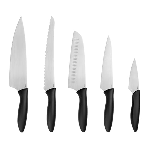 Kershaw Kitchen 6-Piece Knife Block Set - Chef, Bread, Santoku, Utility & Paring Knives with Wood Block, German Stainless Steel Blades, Black Handles