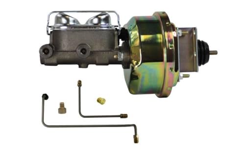 Brakes Leed Master Cylinder and Booster, 1 in Bore, Dual Integral Reservoir, 7 in OD, Single Diaphragm, Steel, Gold Zinc Plated, compatible with Ford Mustang 1964-66, Kit