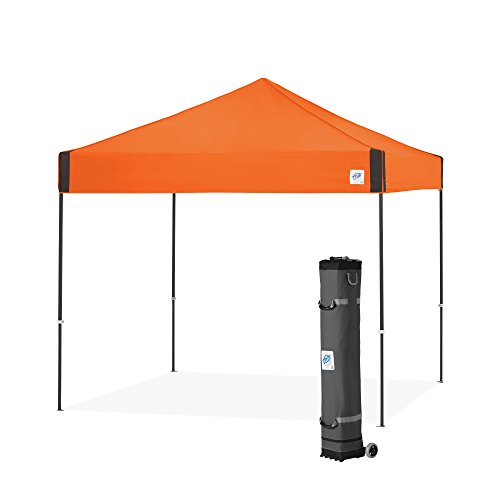 Pyramid Instant Shelter E-Z UP Canopy, 10' x 10' with Wide-Trax Roller Bag & 4 Piece Spike Set, Steel Orange