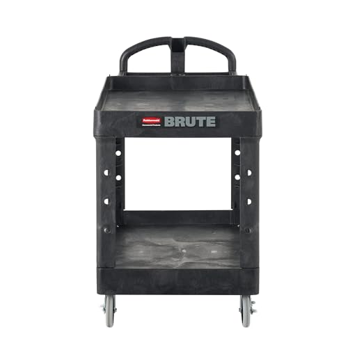 Rubbermaid 2-Shelf Commercial Products Utility/Service Cart, Medium, Black, Lipped Shelves, Ergonomic Handle, 500 Lbs Capacity, for Warehouse/Garage/Cleaning/Manufacturing