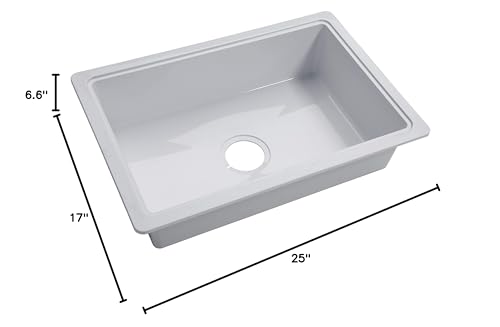 25" x 17" x 6.6" RV Kitchen Single Galley Sink - White ABS Plastic for 5th Wheel, Travel Trailer, Camper
