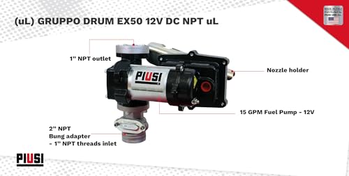 Piusi EX50 DC Fuel Transfer Pump UL 12V Cast Iron Body 15 GPM Flow Rate at Nozzle with Flanged Components Built-In Bypass Valve NPT for Diesel Gasoline and Kerosene