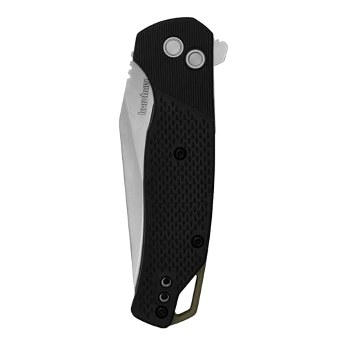 Kershaw Folding Runoff Pocket Knife, 3.1 inch Satin Finish Clip Point Blade, Black GFN handle, Manual Opening, Button Lock Locking Mechanism, Olive Backspacer, Pocketclip