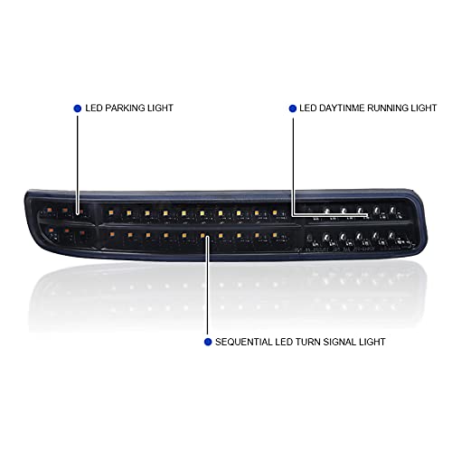 Glossy Black Smoke SPEC-D TUNING Sequential LED DRL Signal Bumper Lights Compatible with 1999-2006 GMC Sierra 1500/2500/3500 Yukon XL L+R Pair Assembly