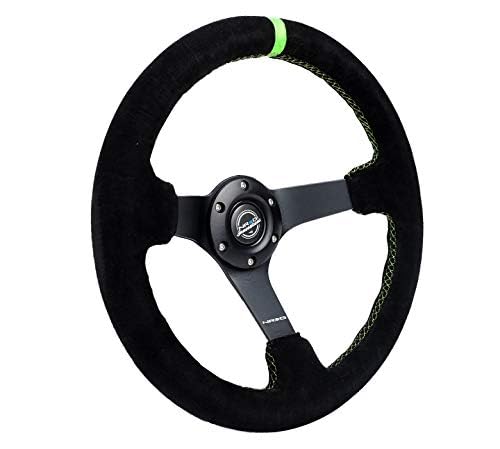 NRG Innovations Reinforced NRG-RST-036MB-S-GN Steering Wheel 3" Deep, 5mm Matte Black Spoke, 350mm, Black Suede with Neon Green Baseball Stitching/Center Mark