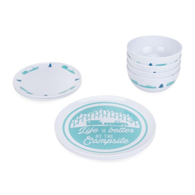 LIBATC, Camco Manufacturing - Dinnerware Set, 12pc, Melamine Blue RV-Trees