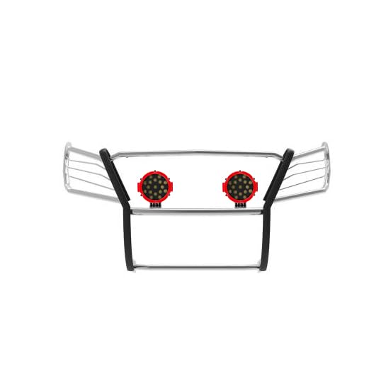 Bumper Guard Black Horse Grille Brush Modular Stainless Steel Come with Pair of 7.0" LED Lights with Red Trim Rings Compatible with 2005-2015 Armada|2004-2015 Titan Crew Cab & King Cab-17NR26MSS-PLR