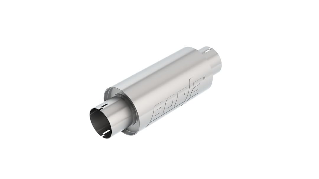 BORLA Resonator/Specialty 401343 - 3" Center Inlet/ 3" Center Outlet 5" Round x 10" Long Body 15" Overall Length. Universal Part. Reversible Design. Notched Necks.