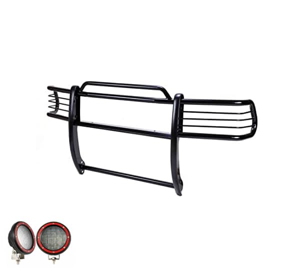 Grille Brush Black Horse Bumper Guard Modular Black Come with Pair of 5.3" Dia.LED Lights with Red Trim Rings Compatible with 2000-2004 Nissan Frontier|2000-2004 Nissan Xterra-17NI26MA-PLFR