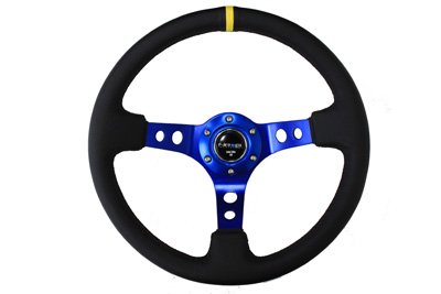NRG Innovations Reinforced Steering Wheel NRG-RST-006S-BL - 350mm 75mm Deep Sport Steering Wheel Blue Spoke with Round holes/Black Leather and Blue center Stripe and Blue Stitching