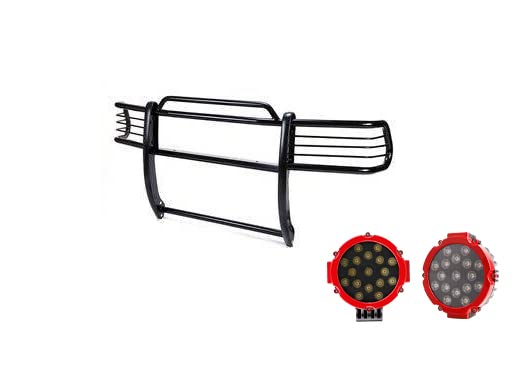 Bumper Guard Black Horse Grille brush Modular Come With pair of 7.0"LED Lights with Red Trim Rings Compatible with 1999-2002 Expedition|1999-2004 F-150|1999-2007 F-250 Super Duty-17FP27MA-PLR