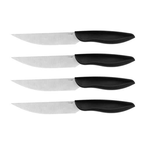 4-Piece Kershaw Serrated Steak Knife Set - 5" Blades of German Stainless Steel with 16° Single-Bevel Edge, Satin Finish, Black Polypropylene Ergonomic Handles