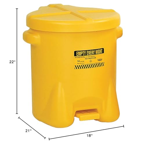Eagle Oily Waste 937FLY Polyethylene Safety Can with Foot Lever, 14 Gallon Capacity, Yellow