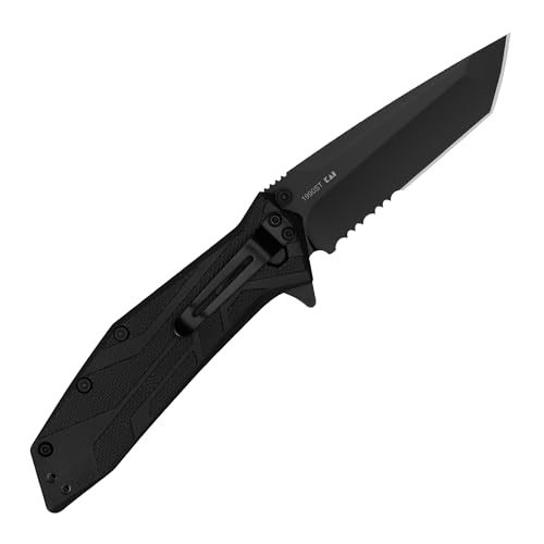 Brawler Kershaw Pocket Knife, All-Black Design, 3 Inch Stainless Steel Partially Serrated Tanto Blade, EDC with Assisted Opening, 4-Position Pocketclip, Everyday Carry Pocket Knife for Men and Women