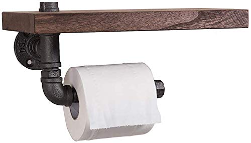 YIMJ Industrial Rustic Pipe Toilet Paper Holder By Pipe Decor At Wall Mounted Wooden Shelf, Metal Wall Storage Iron Pipe Fabric Roll Hanger (Single Faced)