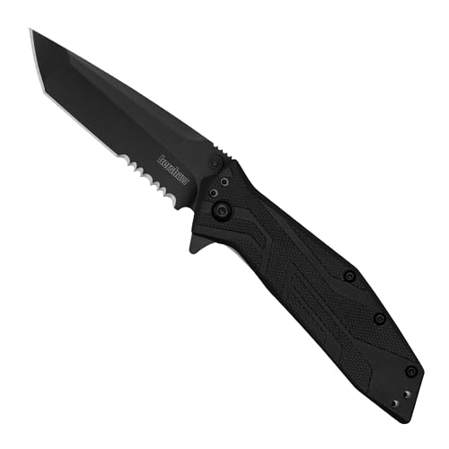 Brawler Kershaw Pocket Knife, All-Black Design, 3 Inch Stainless Steel Partially Serrated Tanto Blade, EDC with Assisted Opening, 4-Position Pocketclip, Everyday Carry Pocket Knife for Men and Women