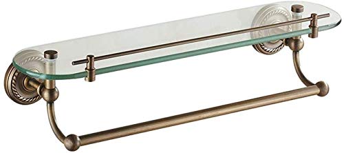 Bathroom Rack Single deck Glass with Towel Bar, Brass, Brushed, Antique Bathroom Cosmetic Storage Rack Bathroom Shelf