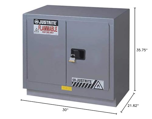 Justrite 2 Door Manual Under Fume Hood Flammables Safety Storage Cabinet 18 Gauge Steel, 19 Gallon Capacity, 30" Width x 35-3/4" Height x 21-5/8" Depth, Made in The USA, Yellow, 883000