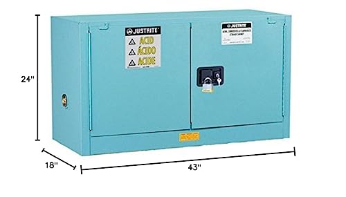 Justrite Storage Cabinet Acid Corrosive - 17 Gallon 2 Door Manual Close Chemical Cabinet with ChemCor® Coating - 18" x 24" x 43" - Made in the USA - Light Blue - 8917022