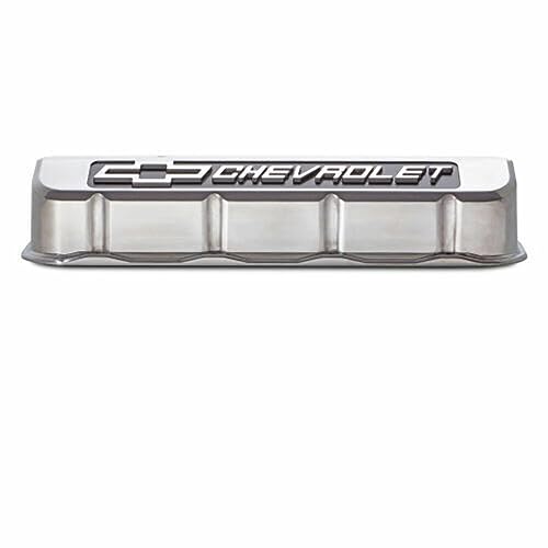 Proform Slant-Edge Valve Cover, Tall, Baffled, Breather Hole, Blackfield Chevrolet Logo, Aluminum, Polished