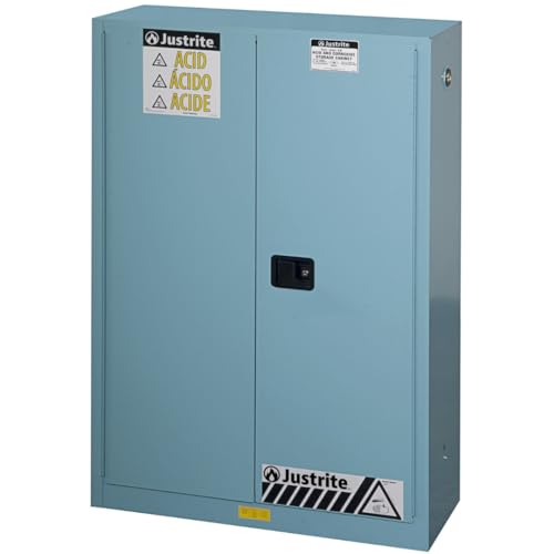 Justrite Storage Cabinet Acid Corrosive - 45 Gallon 2 Door Manual Close Chemical Cabinet with ChemCor® Coating - 18" x 65" x 43" - Made in The USA - Light Blue - 8945022