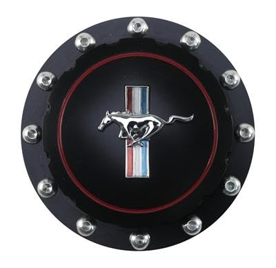 Scott Drake Gas Cap Billet Aluminum Featuring Official Ford Running Pony Emblem in a Black Anodized Finish, Compatible with 1964-1973 Ford Mustang, Model B-9030-H-BK