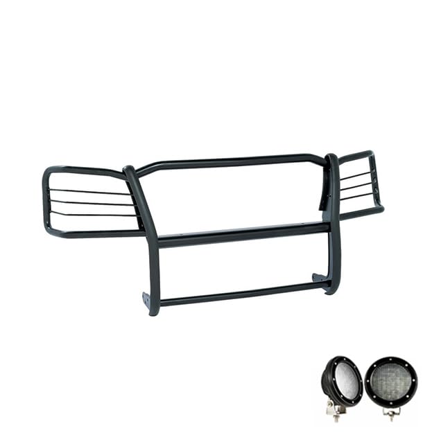 Black Horse Grille Brush Bumper Guard Modular Come with 5.3" Dia.LED Lights Pair with Black Trim Rings Compatible with 2019-2022 GMC Sierra 1500 Limited|2014-2018 GMC Sierra 1500-17GS12MA-PLFB
