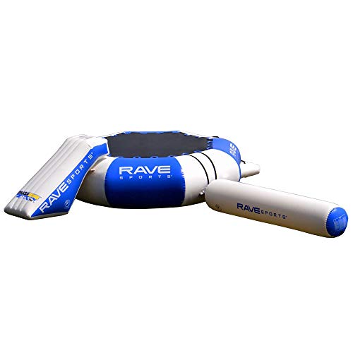 RAVE Sports Splash Zone Plus Inflatable Water Bouncer with Balancing Log and Slide, Boarding Platform, 12FT / 16FT, Anchor Harness, Durable Nylon Jump Surface, Recreational Swimming Fun