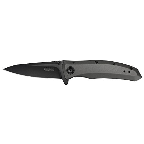 Kershaw Pocketknife Grid, 3.7" 8Cr13MoV Steel Drop Point Plain Edge Blade, Assisted One-Handed Flipper or Thumb Stud Opening, Frame Lock EDC,Grey/Black