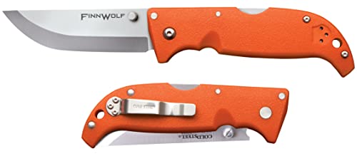 Cold Steel 3.5in Finn Wolf AUS8A Razor-Sharp Straight Back Blade 4.375in Griv-Ex Blaze Orange Handle Hunting Folding Knife, Blister Pack