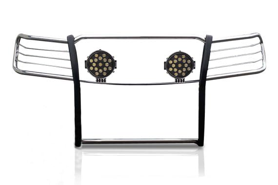 Bumper Guard Black Horse Grille brush Modular Stainless Steel Come With pair of 7.0"Dia.LED Lights with Black Trim Rings Compatible with 2014-2018 Chevrolet Silverado 1500-17GT27MSS-PLB