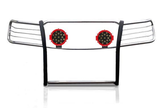 Bumper Guard Modular Black Horse Grille Brush Stainless Steel Come With pair of 7.0"Dia.LED Lights with Red Trim Rings Compatible with 2014-2018 Chevrolet Silverado 1500-17GT27MSS-PLR