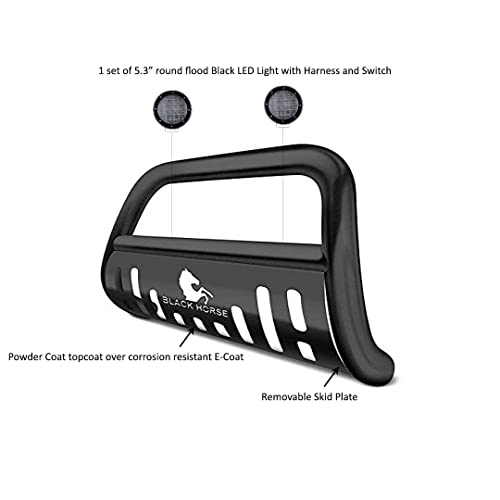 Bull Bar Kit Black Horse Skid Plate Black Come with Pair of 5.3" Dia. LED Flood Lights Compatible with 17-24 Ford F-250 /F-350/F-450/F-550 Super Duty-BB045215A-SP-PLFB